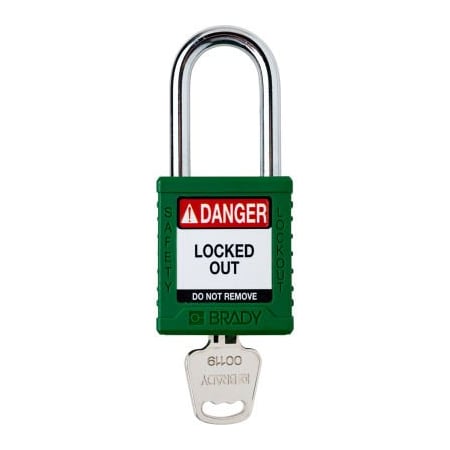 Brady Brady Safety Lockout Padlock, Keyed Different, 1-1/2in, Plastic/Steel, Green SDPL-GRN-38ST-KD